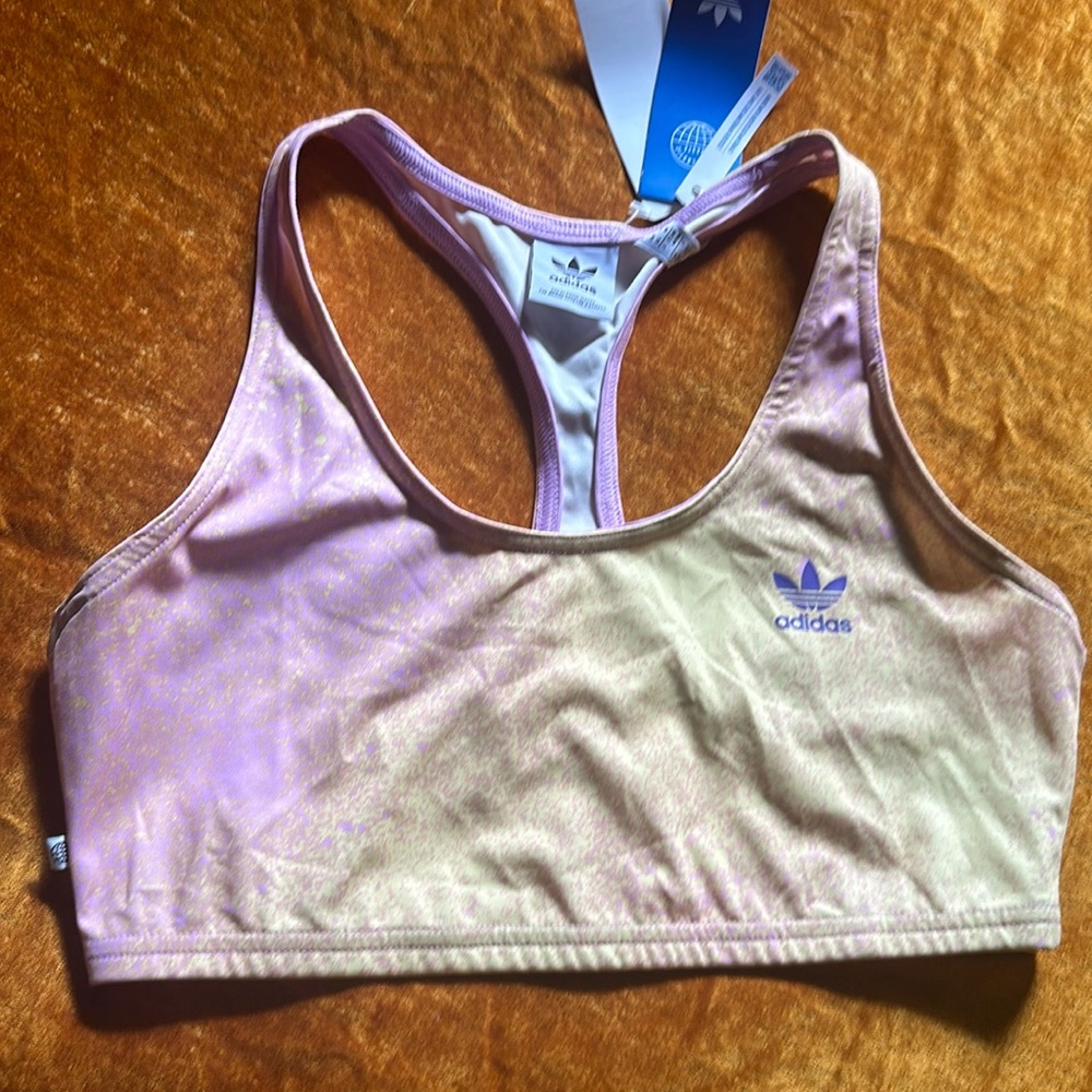 Adidas Allover Print Bra Top L NWT Bliss Lilac / Almost Yellow